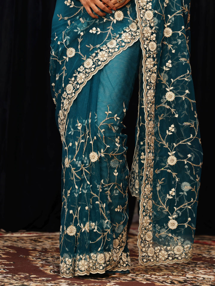 Libas Teal Blue Floral Embroidered Net Saree