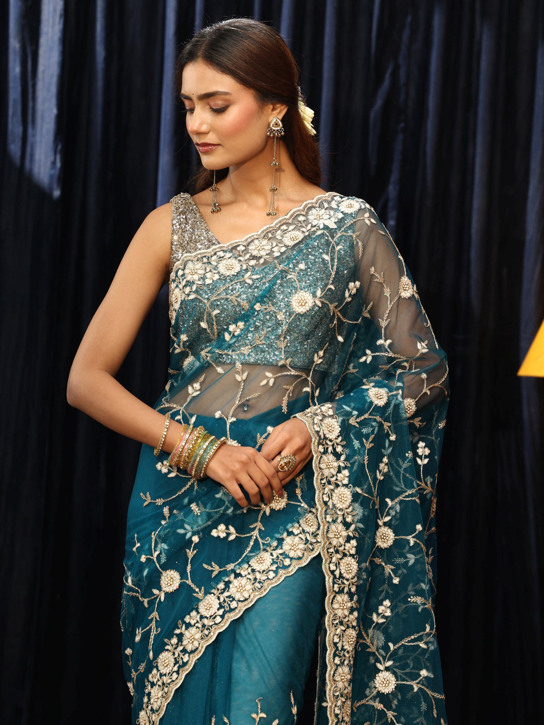 Libas Teal Blue Floral Embroidered Net Saree