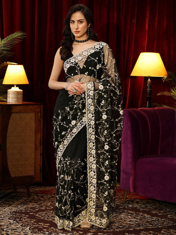 Libas Black Floral Embroidered Net Saree