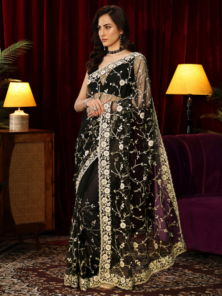 Libas Black Floral Embroidered Net Saree