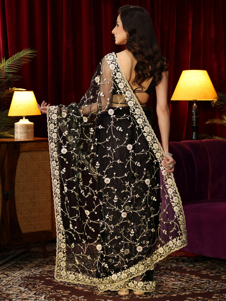 Libas Black Floral Embroidered Net Saree