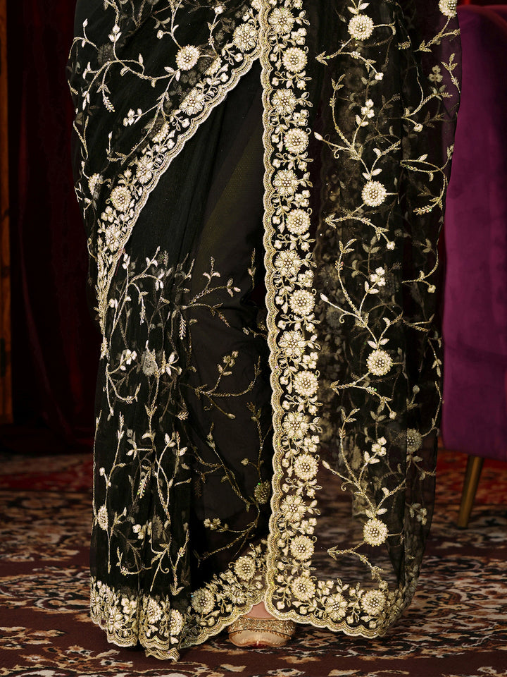 Libas Black Floral Embroidered Net Saree