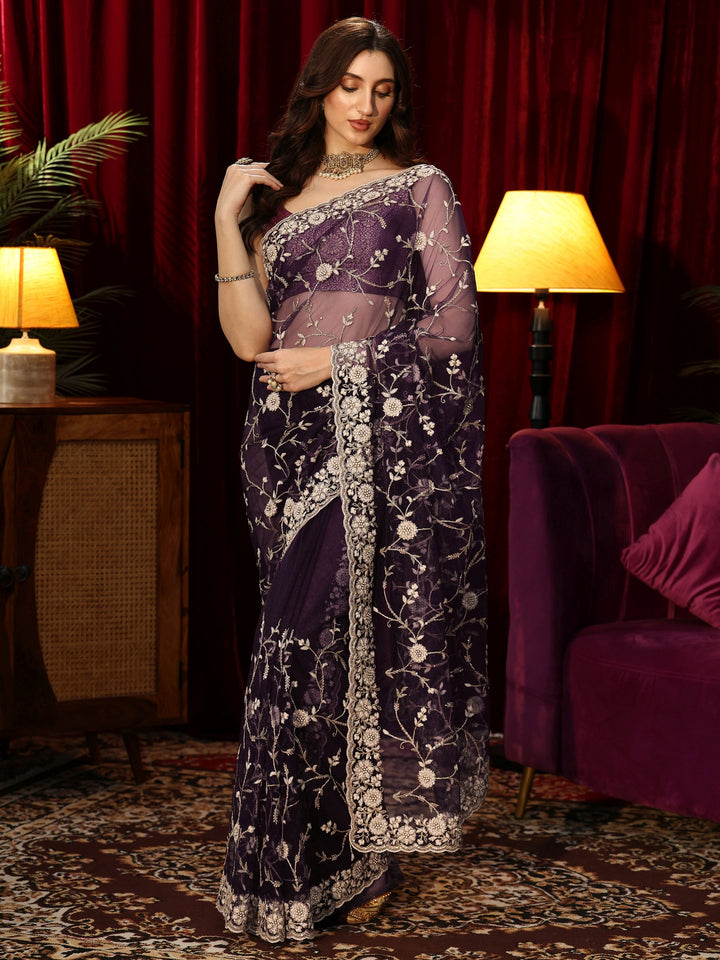 Libas Dark Purple Floral Embroidered Net Saree