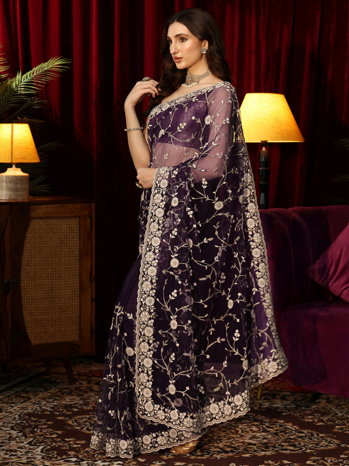 Libas Dark Purple Floral Embroidered Net Saree