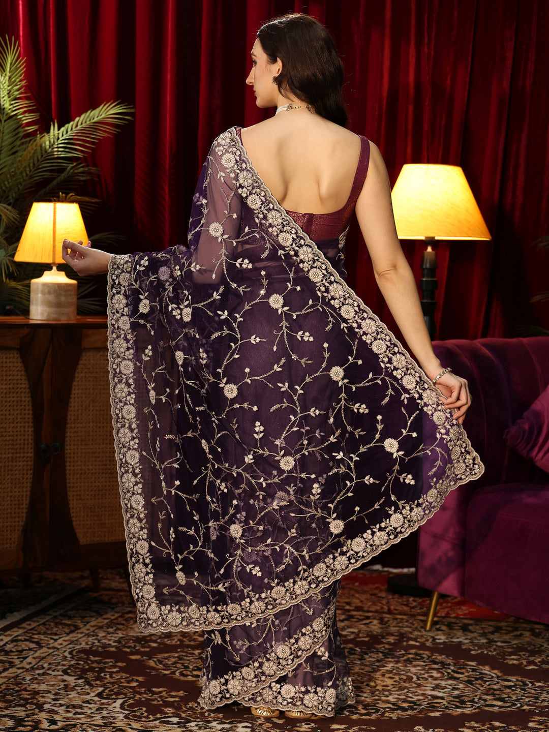 Libas Dark Purple Floral Embroidered Net Saree