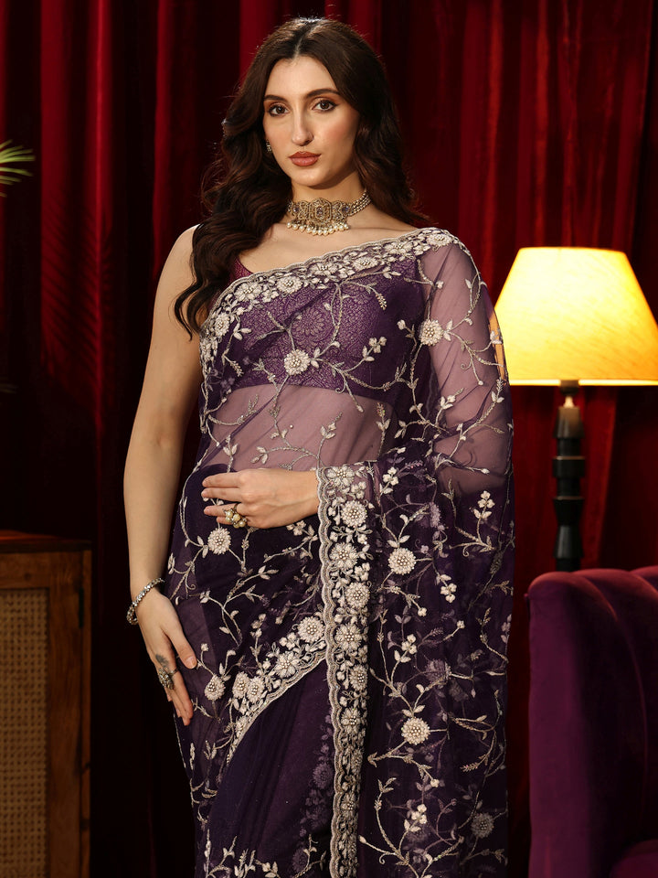 Libas Dark Purple Floral Embroidered Net Saree