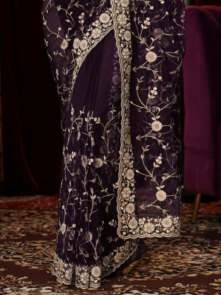 Libas Dark Purple Floral Embroidered Net Saree