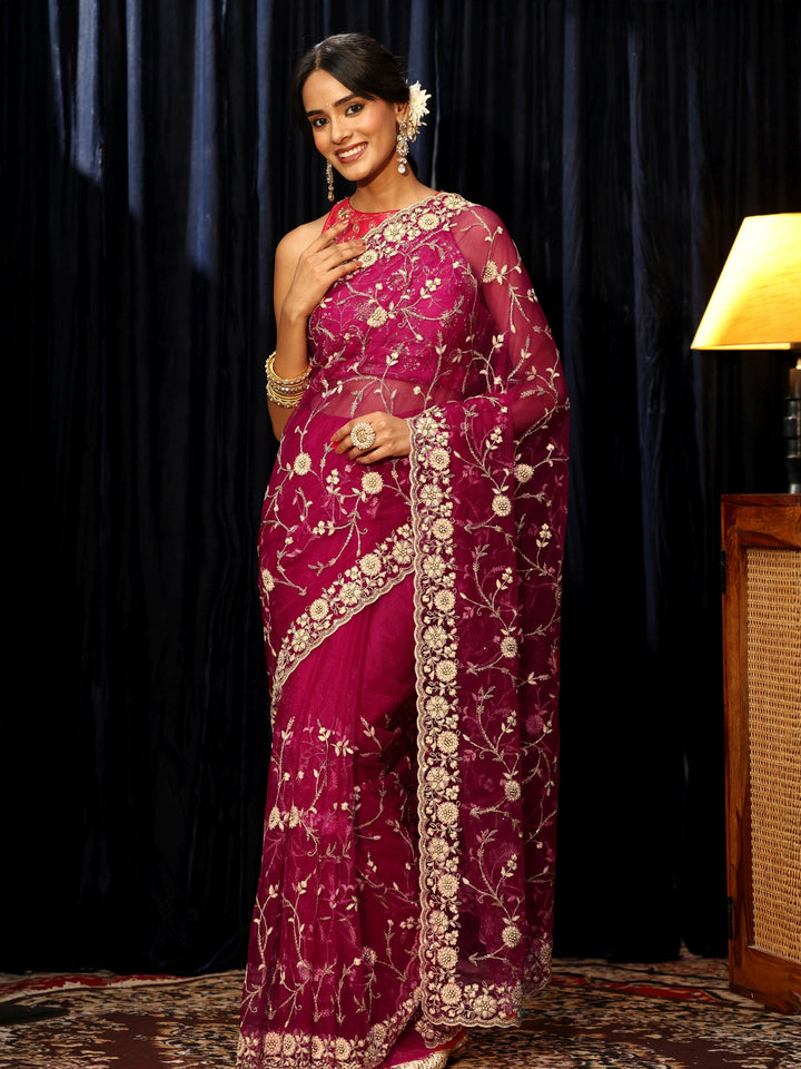 Libas Magenta Pink Floral Embroidered Net Saree