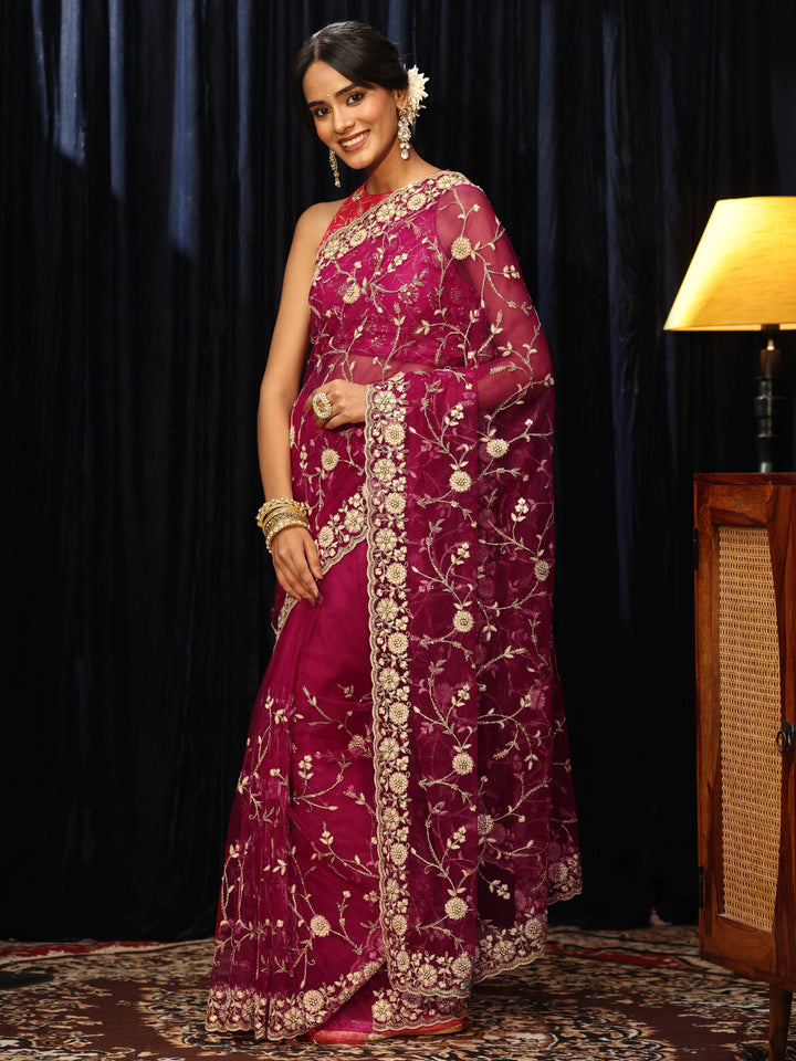 Libas Magenta Pink Floral Embroidered Net Saree