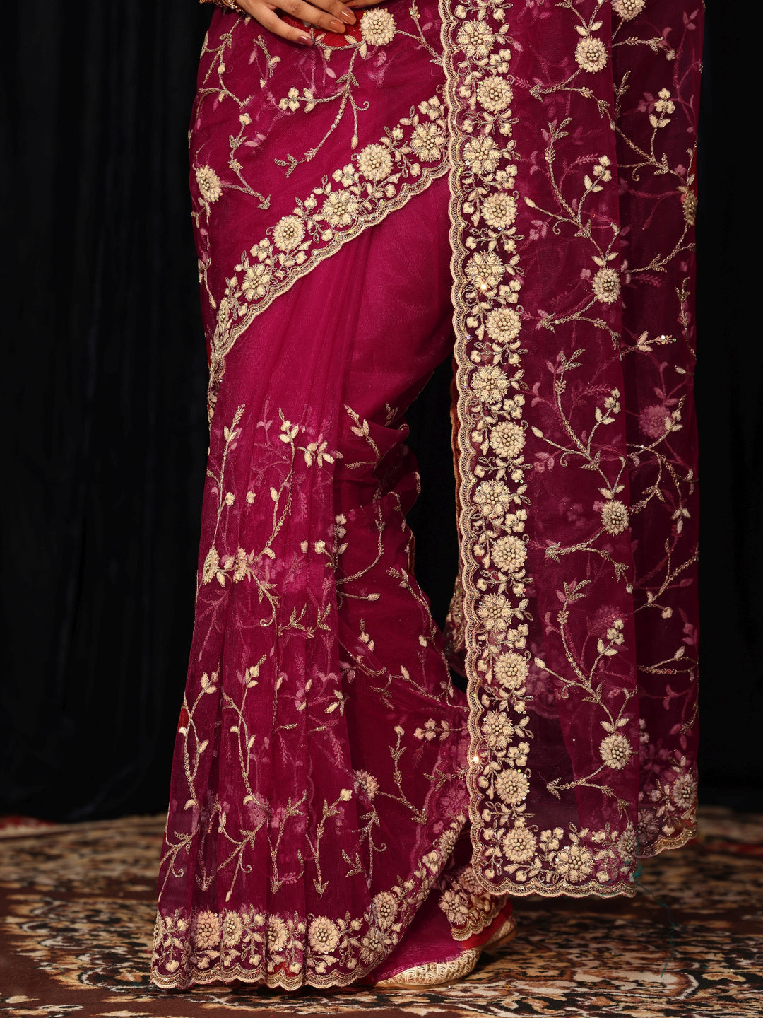 Libas Magenta Pink Floral Embroidered Net Saree