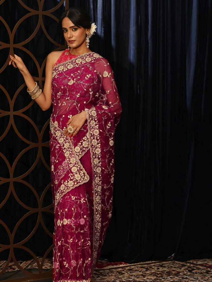 Libas Magenta Pink Floral Embroidered Net Saree
