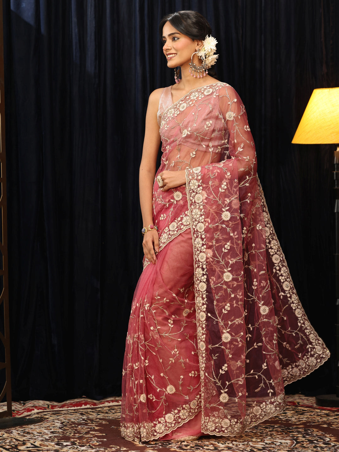 Libas Peach Floral Embroidered Net Saree