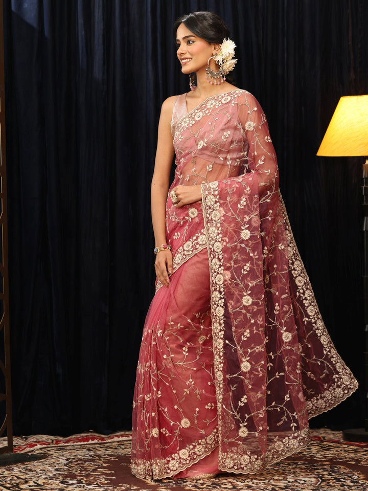 Libas Peach Floral Embroidered Net Saree