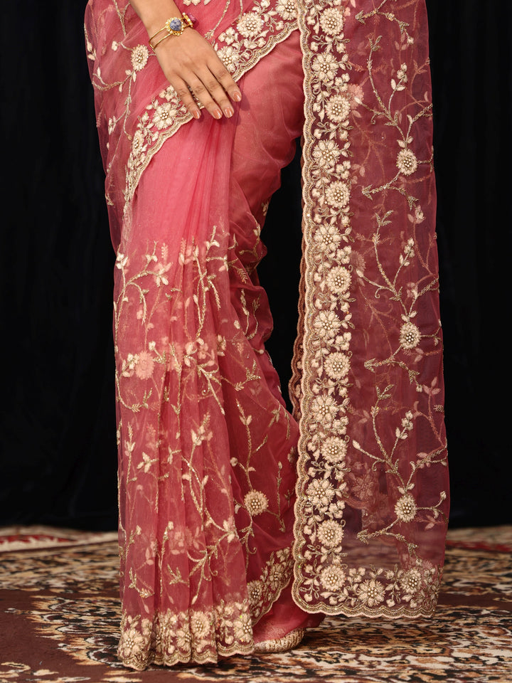 Libas Peach Floral Embroidered Net Saree