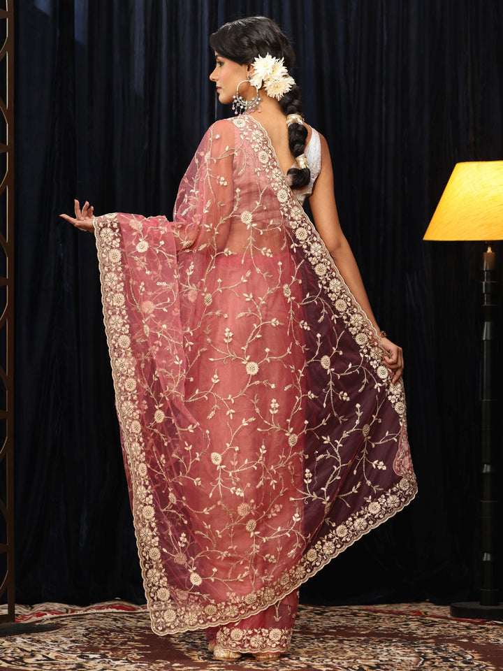 Libas Peach Floral Embroidered Net Saree
