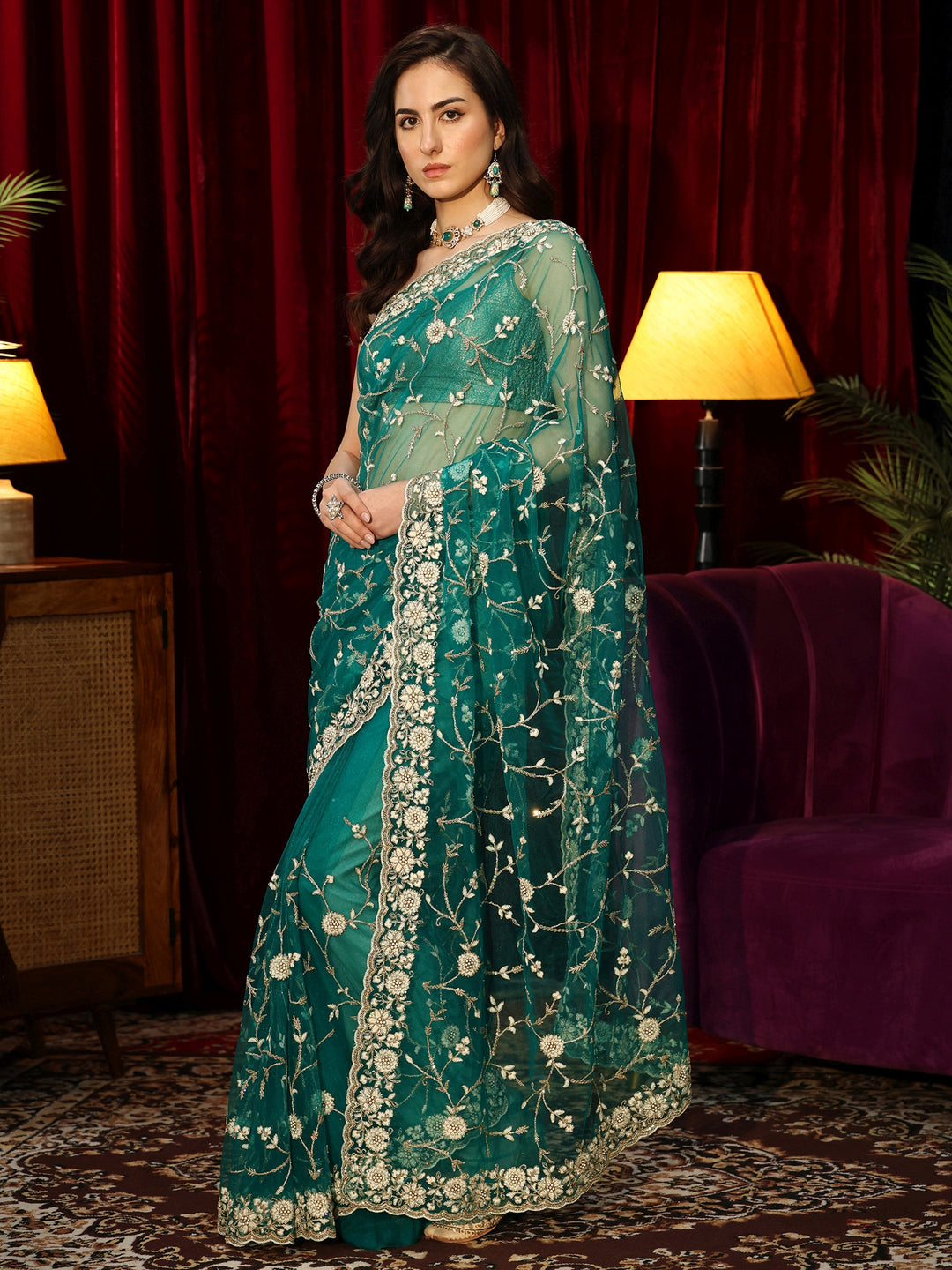 Libas Bottle Green Floral Embroidered Net Saree