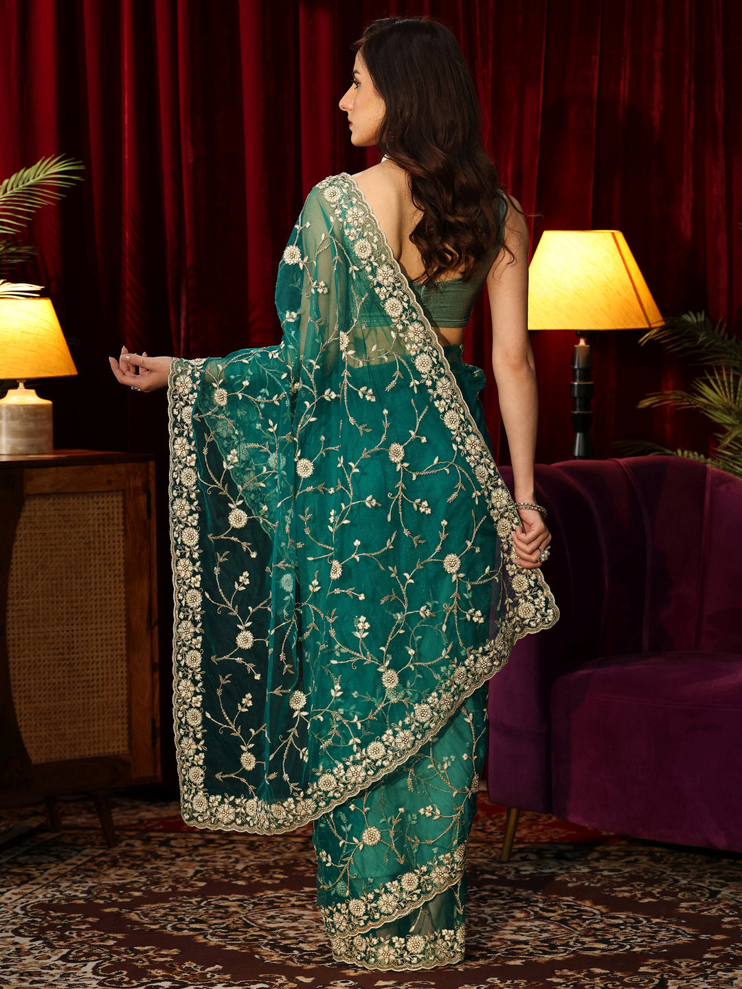 Libas Bottle Green Floral Embroidered Net Saree