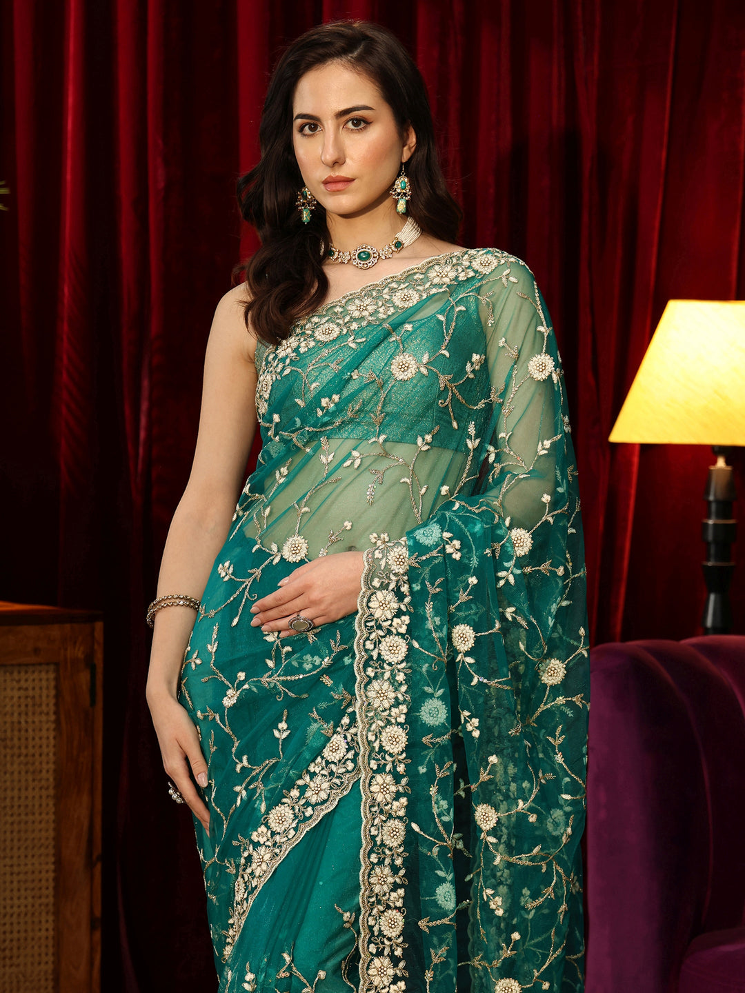 Libas Bottle Green Floral Embroidered Net Saree