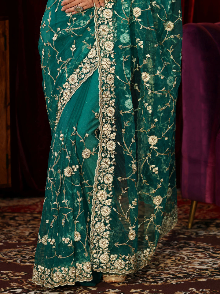 Libas Bottle Green Floral Embroidered Net Saree