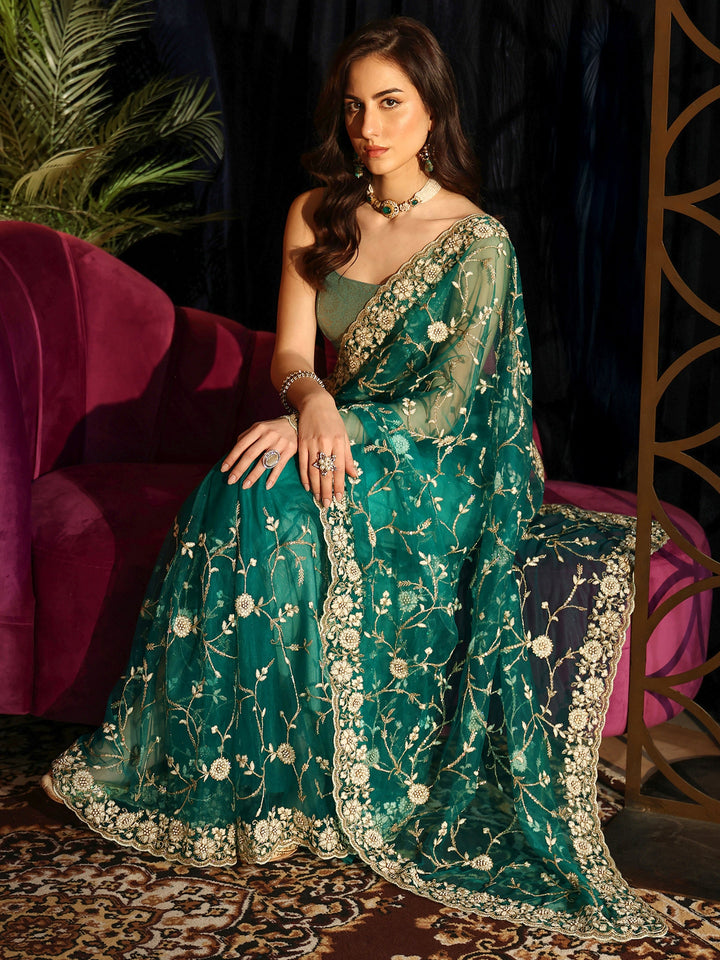 Libas Bottle Green Floral Embroidered Net Saree