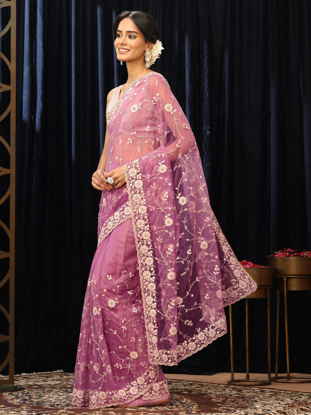 Libas Lavender Floral Embroidered Net Saree