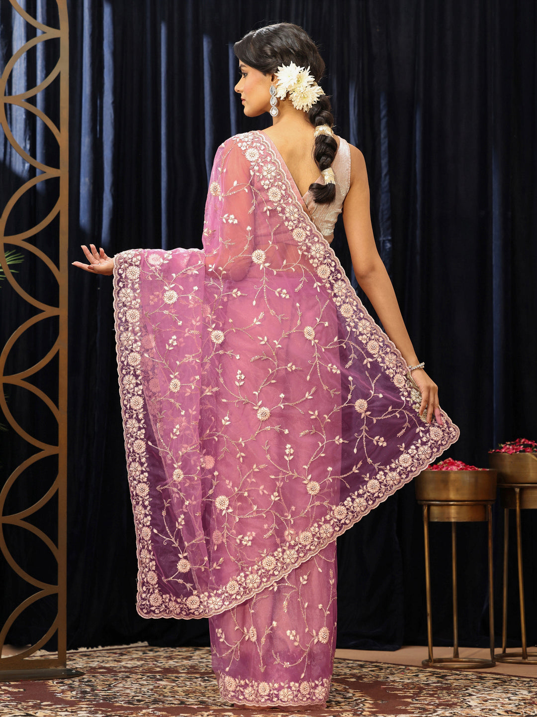 Libas Lavender Floral Embroidered Net Saree