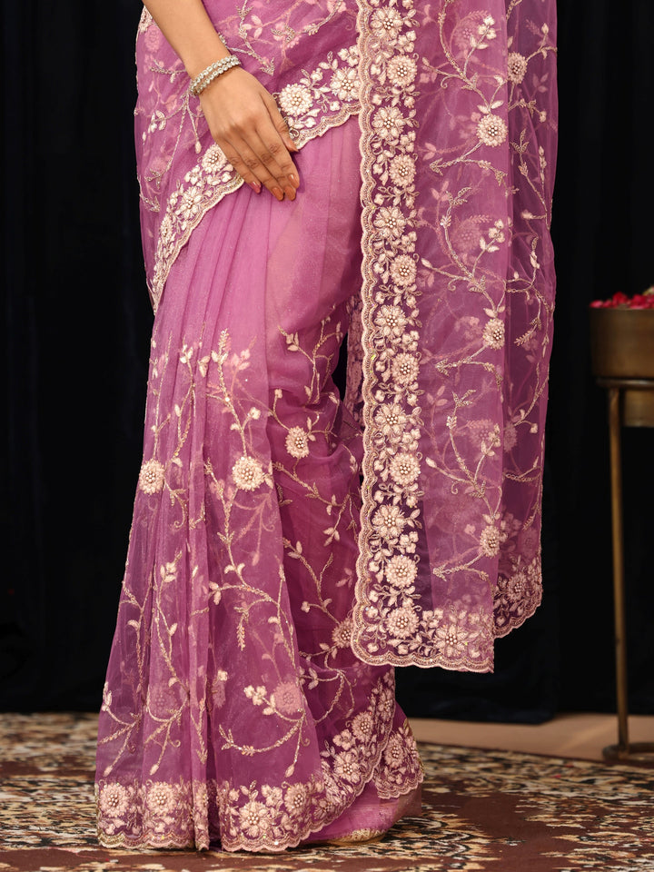 Libas Lavender Floral Embroidered Net Saree