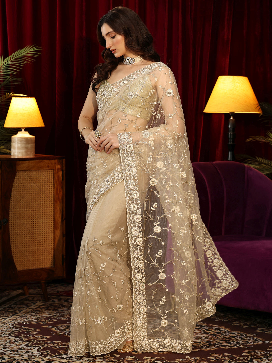 Libas Beige Floral Embroidered Net Saree