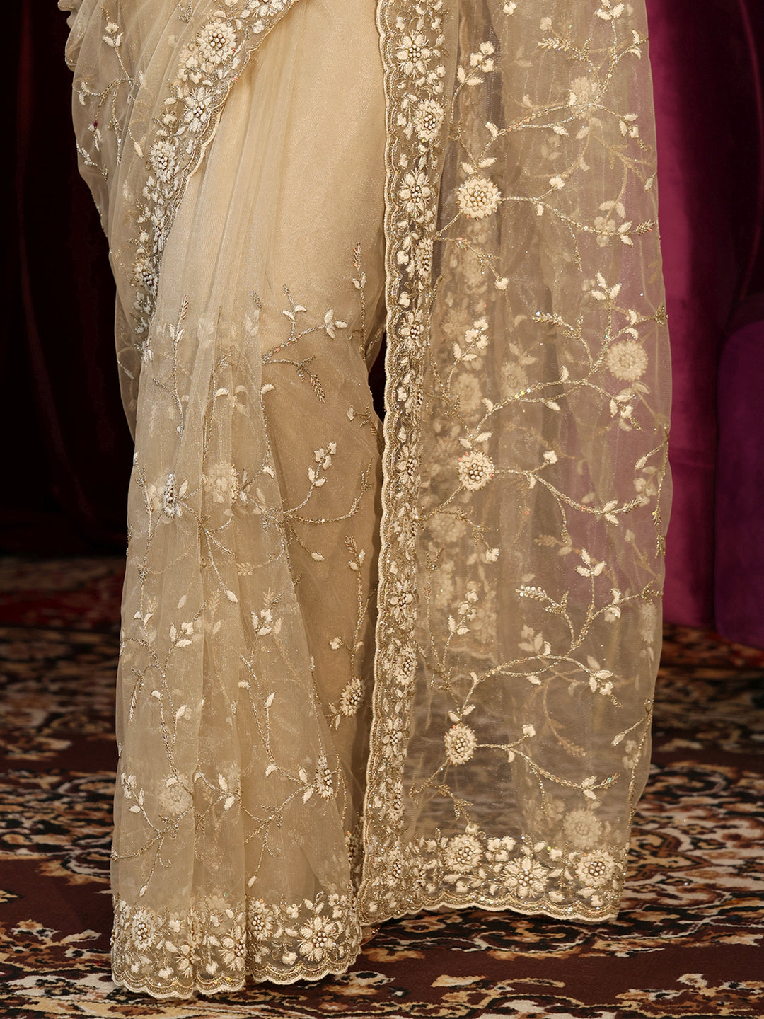 Libas Beige Floral Embroidered Net Saree