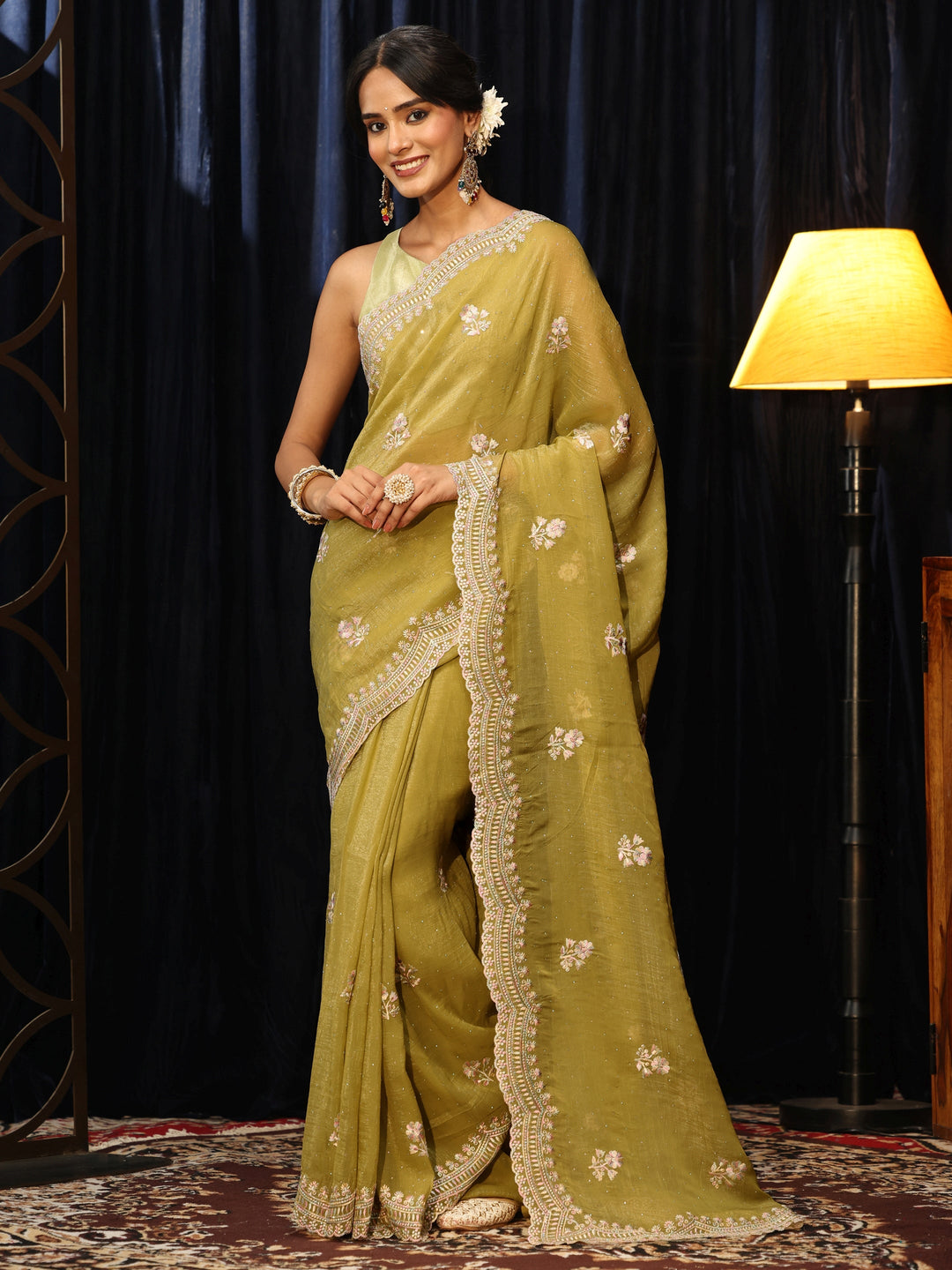 Libas Light Henna Green Floral Embroidered Chiffon Saree