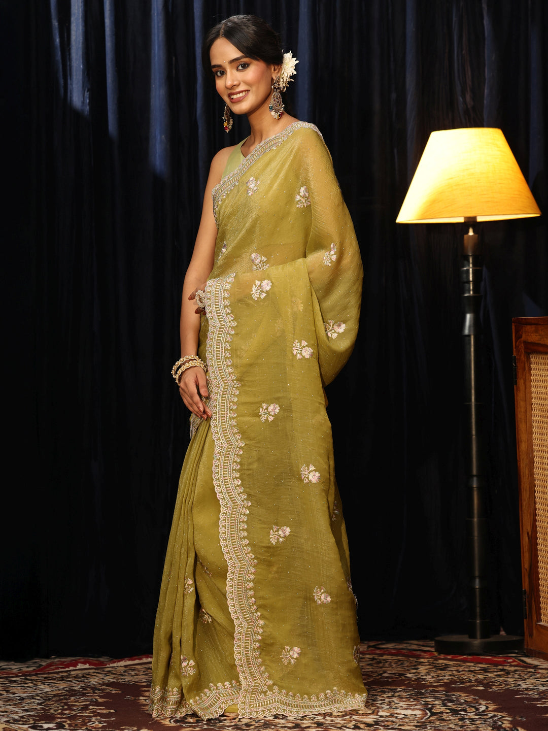 Libas Light Henna Green Floral Embroidered Chiffon Saree