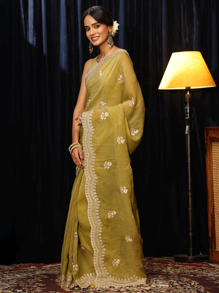 Libas Light Henna Green Floral Embroidered Chiffon Saree