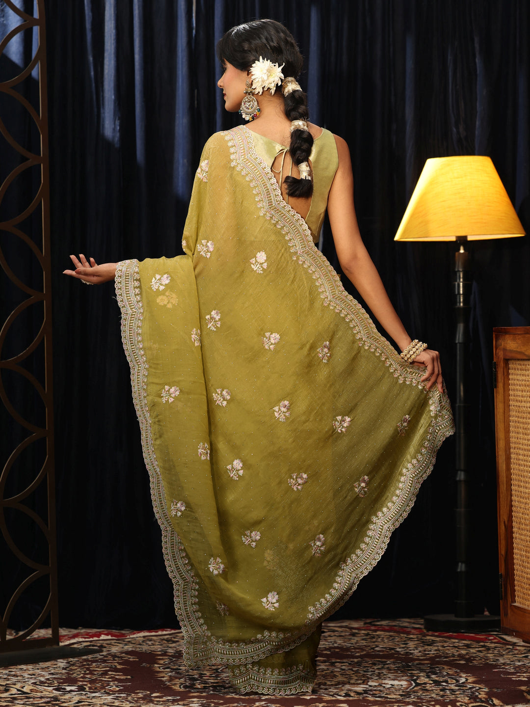 Libas Light Henna Green Floral Embroidered Chiffon Saree