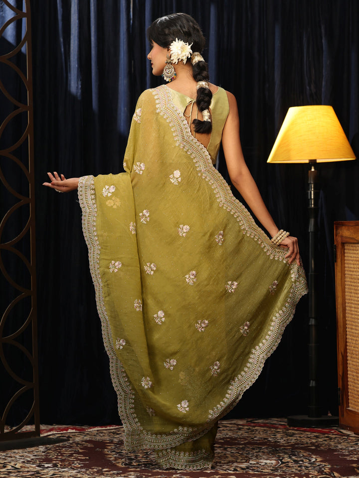 Libas Light Henna Green Floral Embroidered Chiffon Saree
