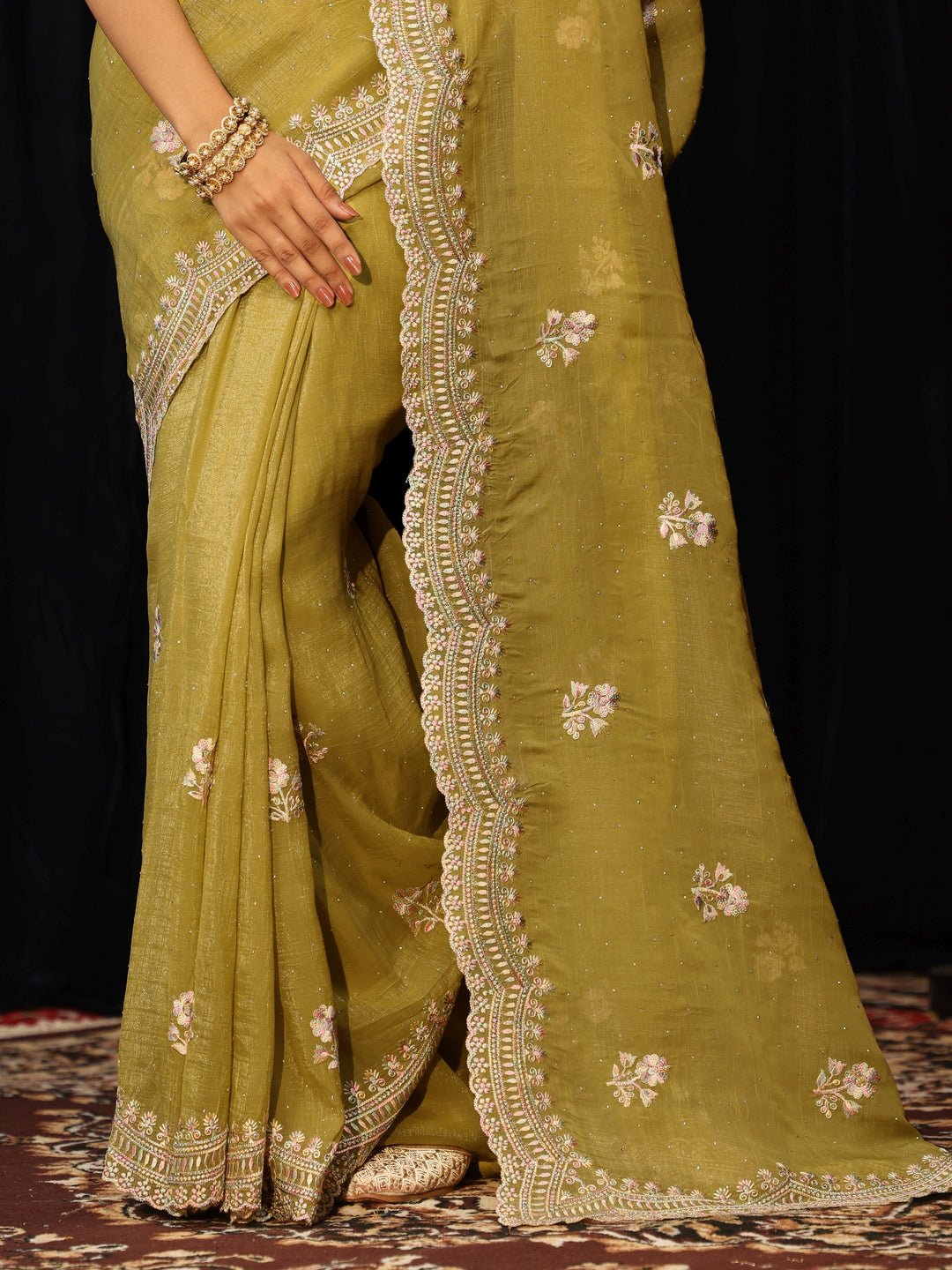 Libas Light Henna Green Floral Embroidered Chiffon Saree