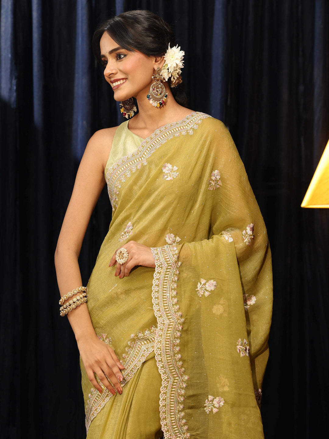 Libas Light Henna Green Floral Embroidered Chiffon Saree
