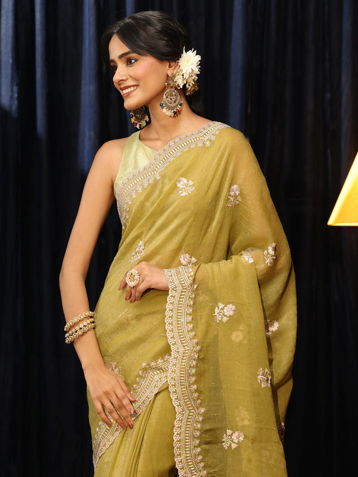 Libas Light Henna Green Floral Embroidered Chiffon Saree