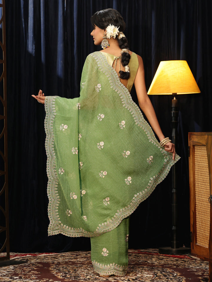 Libas Sage Green Floral Embroidered Chiffon Saree