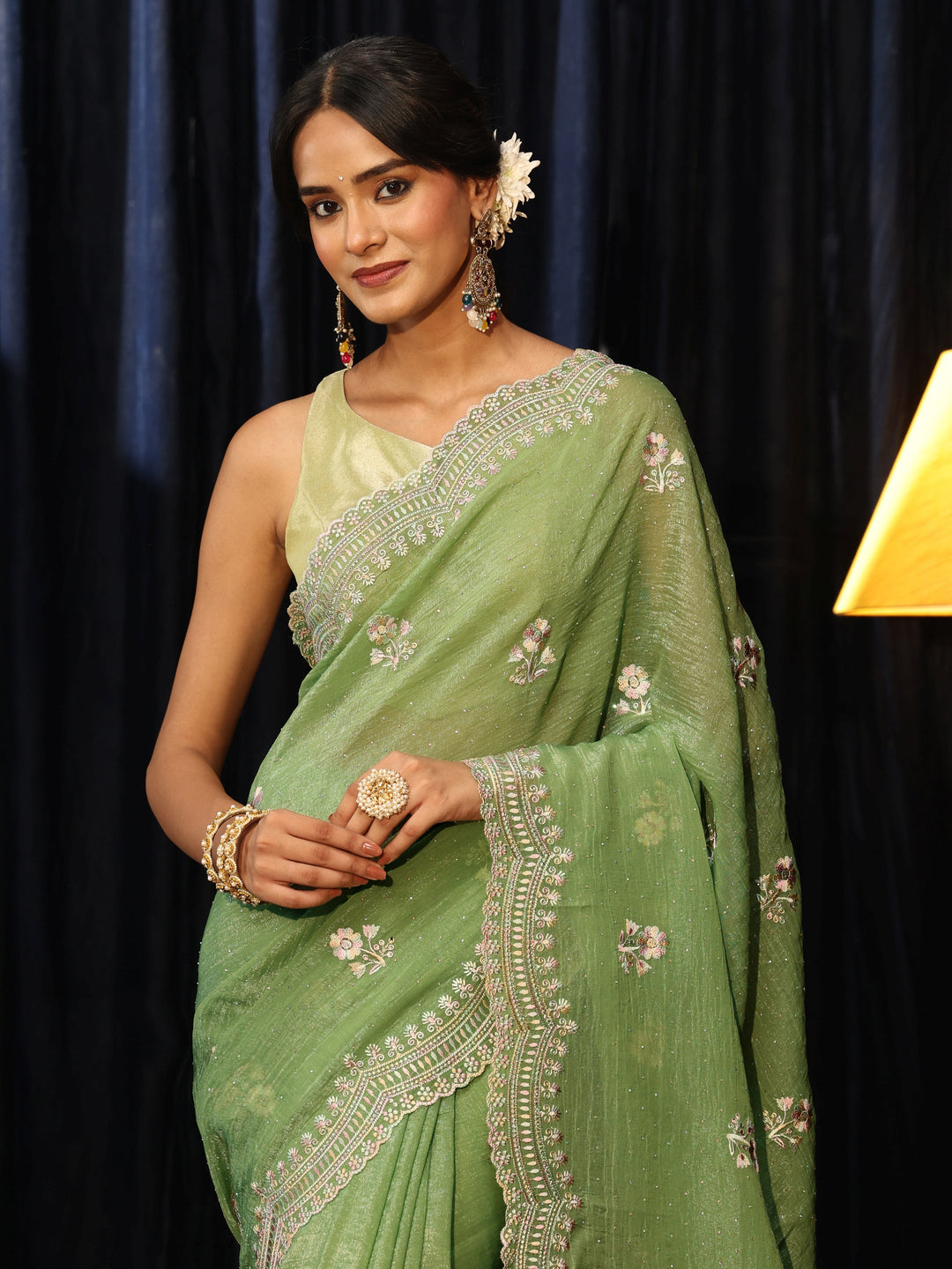 Libas Sage Green Floral Embroidered Chiffon Saree