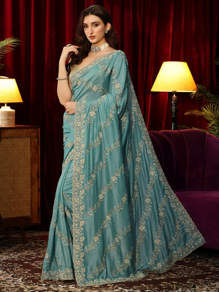 Libas Dusty Aqua Blue Floral Embroidered Satin Saree