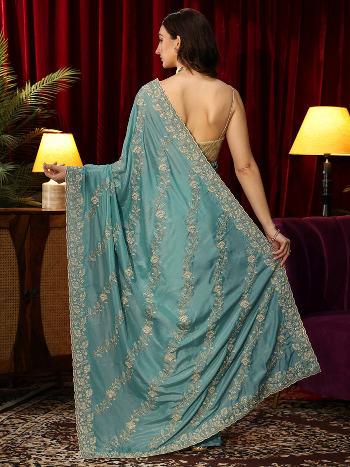 Libas Dusty Aqua Blue Floral Embroidered Satin Saree