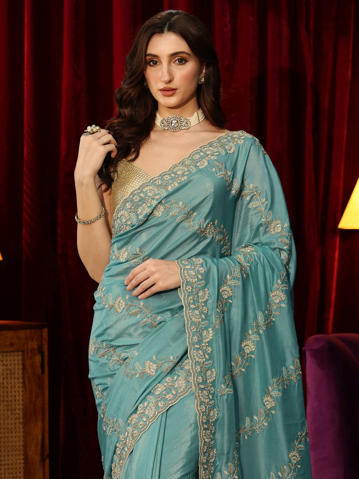 Libas Dusty Aqua Blue Floral Embroidered Satin Saree