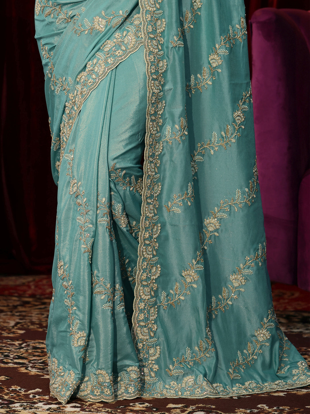 Libas Dusty Aqua Blue Floral Embroidered Satin Saree