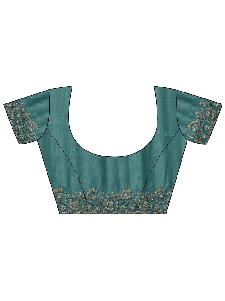 Libas Dusty Aqua Blue Floral Embroidered Satin Saree
