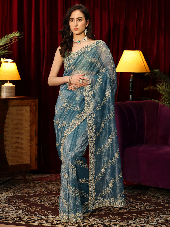 Libas Dusty Blue Floral Embroidered Net Saree