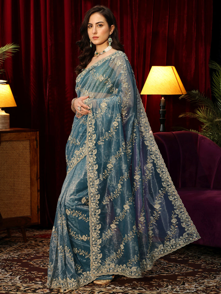 Libas Dusty Blue Floral Embroidered Net Saree