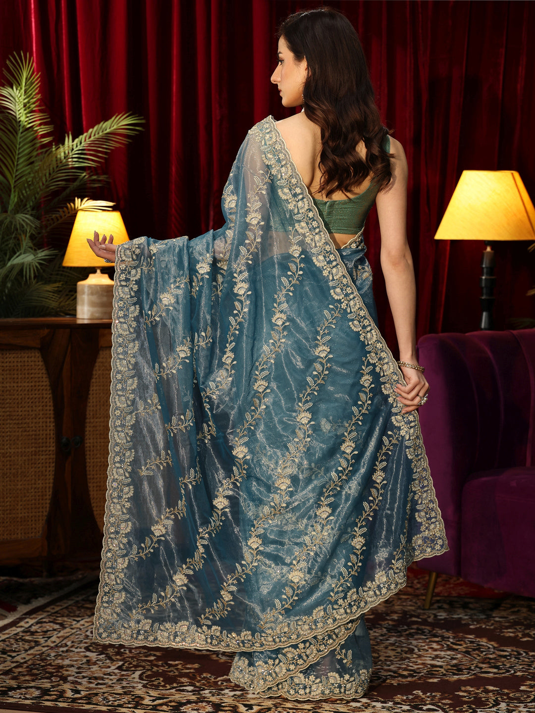 Libas Dusty Blue Floral Embroidered Net Saree