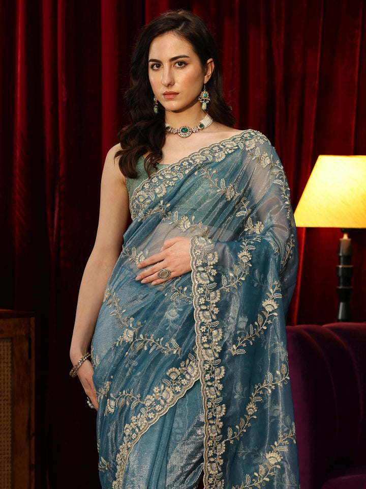 Libas Dusty Blue Floral Embroidered Net Saree