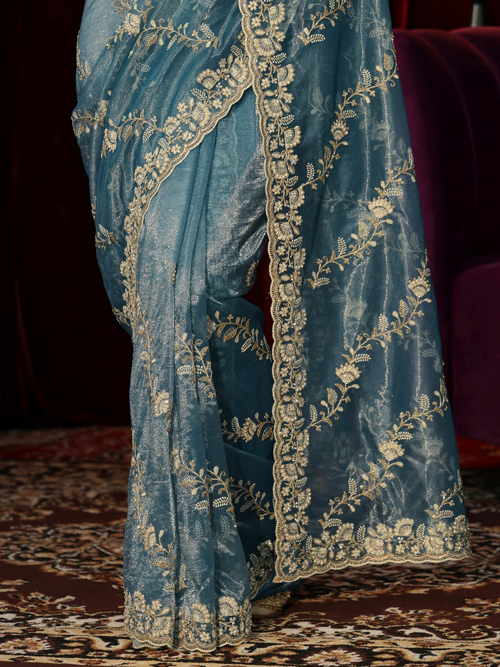 Libas Dusty Blue Floral Embroidered Net Saree