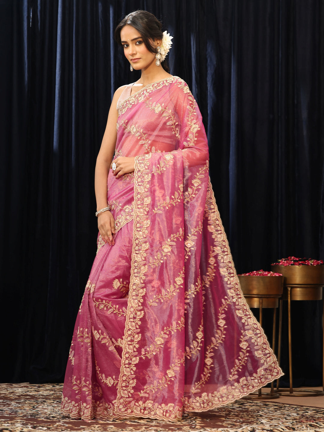 Libas Mauve Floral Embroidered Net Saree